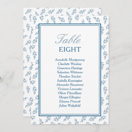 Elegantes Blue Wedding Tischnummer Seating Chart (Vorne/Hinten)