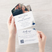 Elegantes Blue White Blume Monogram Foto Hochzeit All In One Einladung (Abreißen)