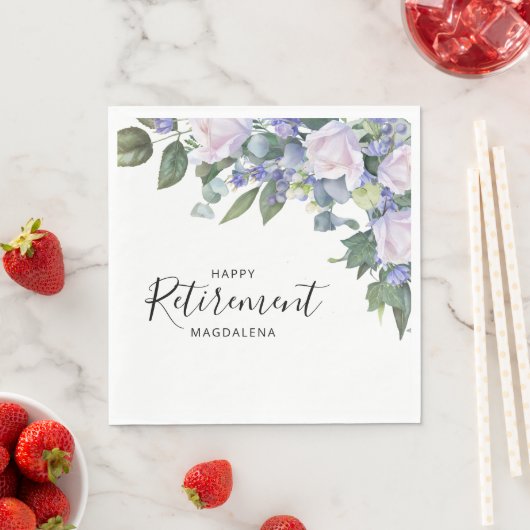 Elegantes Blue White Floral Custom Retirement Part Serviette (Beispiel)