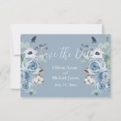 Elegantes Blue & White Floral Script Save the Date (Vorderseite)