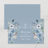 Elegantes Blue & White Floral Script Save the Date (Vorne/Hinten)