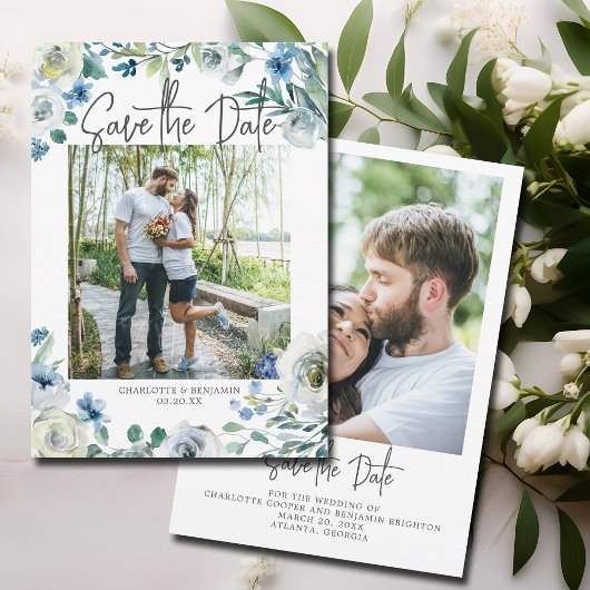 Elegantes Blue White Floral Verlobung Foto Spring Save The Date