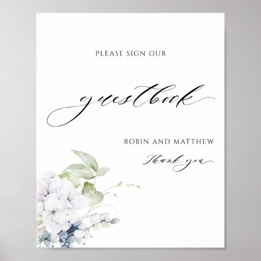Elegantes Blue White Floral Wedding Gästebuchzeich Poster (Vorne)