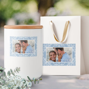 Elegantes Blue & White Foto Hochzeitsgeschenkschil Lebensmitteletikett