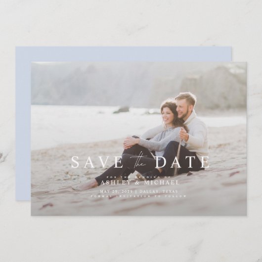 Elegantes Blue-White-Overlay-Foto Hochzeit Save The Date (Vorne/Hinten)