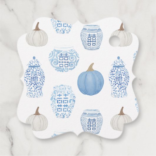 Elegantes Blue & White Pumpkins Herbst Brautparty Geschenkanhänger (Rückseite)