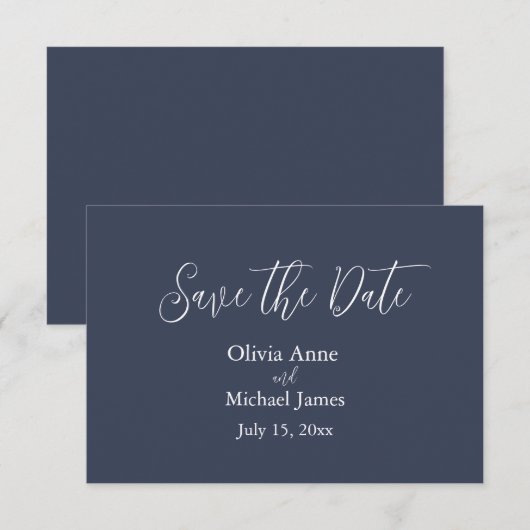 Elegantes Blue & White Script Save the Date (Vorne/Hinten)