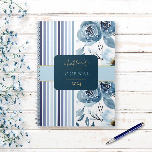 Elegantes Blue White Stripe Floral Journal-Noteboo Notizblock