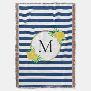 Elegantes Blue White Stripes Monogramm Decke