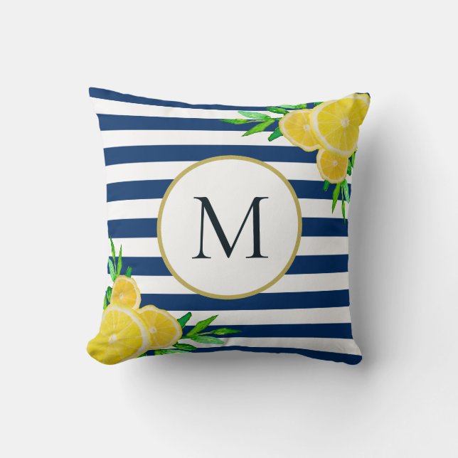 Elegantes Blue White Stripes Summer Lemon Monogram Kissen (Vorderseite)