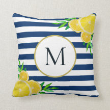 Elegantes Blue White Stripes Summer Lemon Monogram