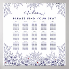Elegantes Blue White Wedding Seating Chart Poster