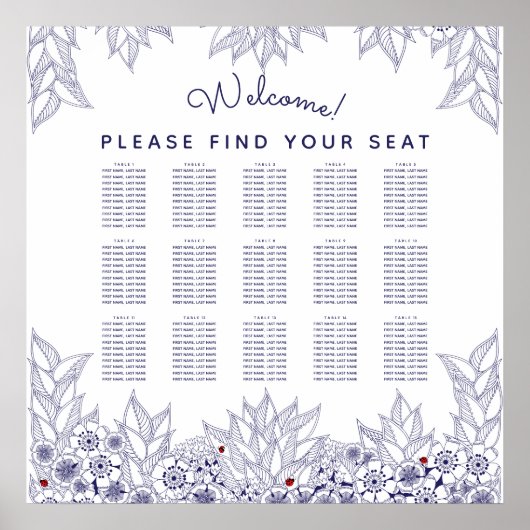 Elegantes Blue White Wedding Seating Chart Poster (Vorne)