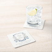 Elegantes Blue Wildblume Watercolor Wappen Hochzei Rechteckiger Pappuntersetzer (Vor Ort)