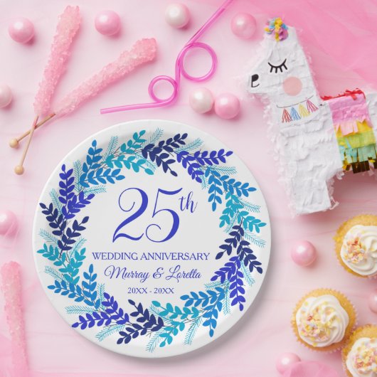 Elegantes Blue Wreath 25-jähriges Party Pappteller (Party)