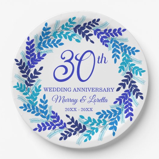 Elegantes Blue Wreath 30-jähriges Party Pappteller (Vorderseite)
