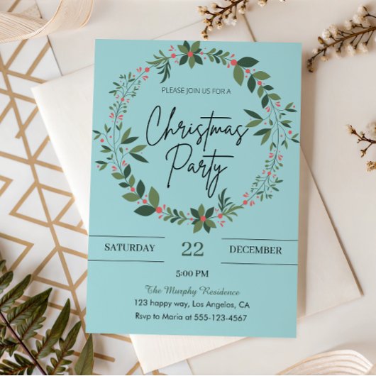 Elegantes Blue Wreath Weihnachts-Party Einladung