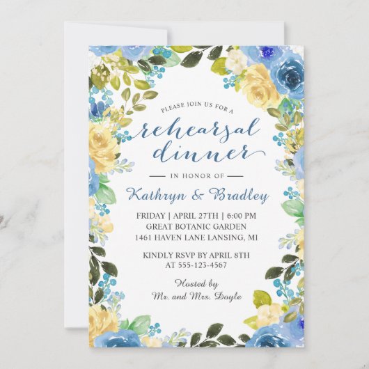 Elegantes Blue Yellow Rose Garden Probe Abendessen Einladung (Vorderseite)