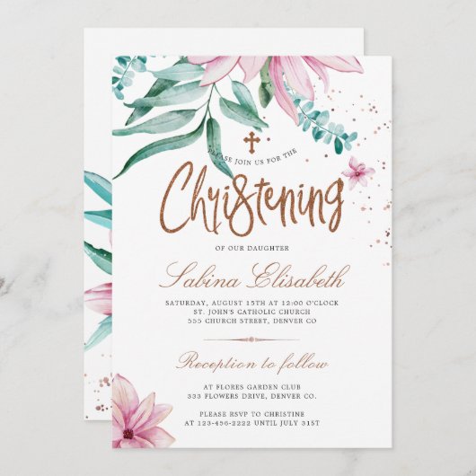 Elegantes, blühendes Taufen im Wasserfarbenbereich Einladung (Vorne/Hinten)