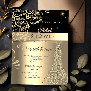 Elegantes Blumen- Gold Glitzerkleid Brautparty Einladung