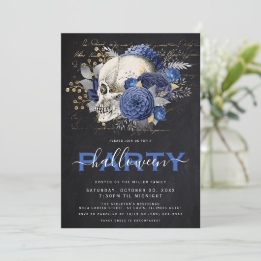 Elegantes Blumen Skull Adult Halloween-Party Einladung (Stehend Vorderseite)