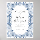 Elegantes Blumenblau Weißes Begrüßungs-Brautparty Poster (Vorne)