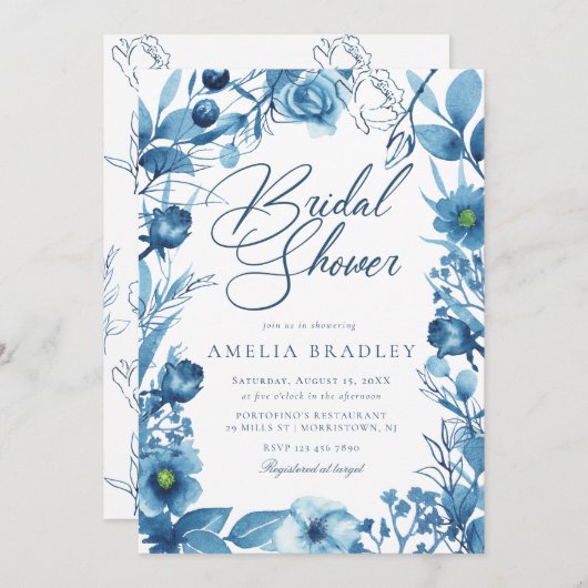 Elegantes Blumenblauer Brautparty Einladung (Vorne/Hinten)
