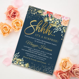 Elegantes Blumenblauer Gold Überraschungsruhestand Einladung