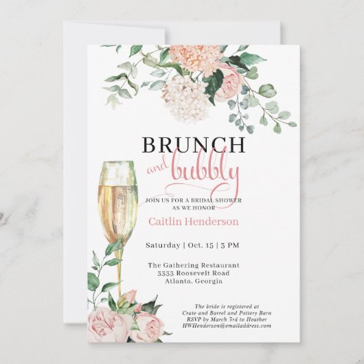 Elegantes Blumenbrunch und Bubbly Brautparty Einladung (Vorderseite)