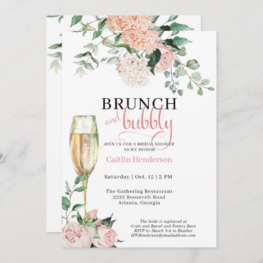 Elegantes Blumenbrunch und Bubbly Brautparty Einladung (Vorne/Hinten)