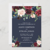 Elegantes Blumenburgund und Marineblau Einladung (Vorderseite)