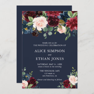 Elegantes Blumenburgund und Marineblau Einladung
