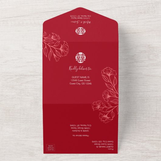 Elegantes Blumenchinesisch in einer Hochzeitsreise All In One Einladung (Außenbereich)