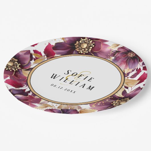 Elegantes Blumendatum Pappteller (Schrägansicht)