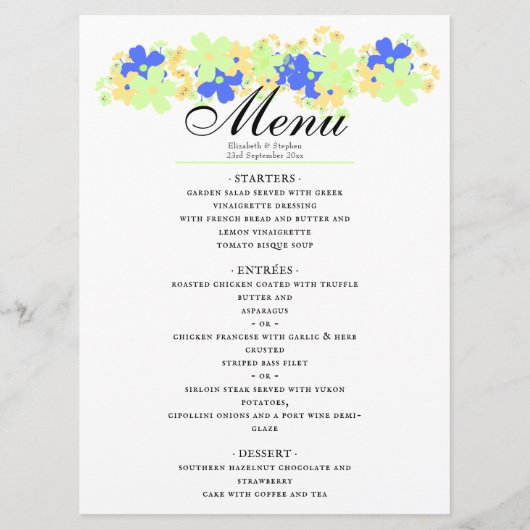 Elegantes Blumendesign in grüngelb-blau Menükarte (Vorderseite)