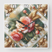 Elegantes Blumendesign in Rose mit Goldakzenten Quadratische Wanduhr (Vorderseite)