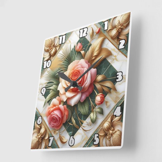 Elegantes Blumendesign in Rose mit Goldakzenten Quadratische Wanduhr (Winkel)