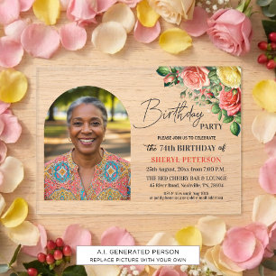 Elegantes Blumendesign mit Foto zum 74. Geburtstag Acryleinladungen