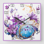 Elegantes Blumendesign mit Lila und blauen Akzente Quadratische Wanduhr (Vorderseite)