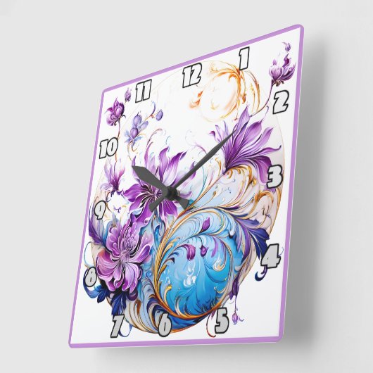 Elegantes Blumendesign mit Lila und blauen Akzente Quadratische Wanduhr (Winkel)