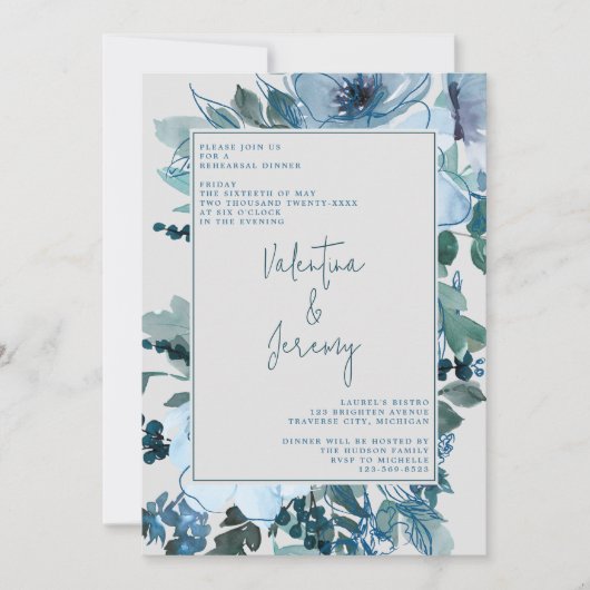 Elegantes Blumendusty Blauer Blumen Probe Abendess Einladung (Vorderseite)