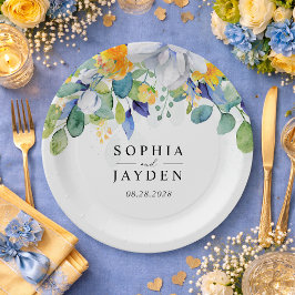 Elegantes blumengelb-blaues Hochzeitmonogramm Pappteller