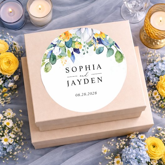 Elegantes blumengelb-blaues Hochzeitmonogramm Runder Aufkleber