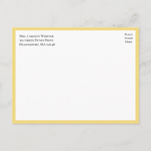 Elegantes Blumengelb Probe Abendessen Einladungspostkarte (Rückseite)