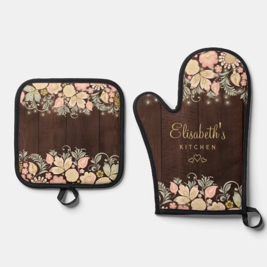 Elegantes, blumengeschmücktes personalisiert ofenhandschuh & Topflappen-Set (Vorderseite)