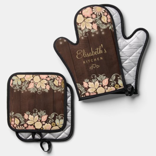 Elegantes, blumengeschmücktes personalisiert ofenhandschuh & Topflappen-Set (Vorderseite/Rückseite)
