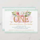 Elegantes Blumengeschoss Grün 1. Geburtstag Party Einladung (Vorne/Hinten)
