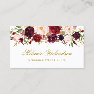 Elegantes Blumengold Aquarell-Burgunders Marsala Visitenkarte