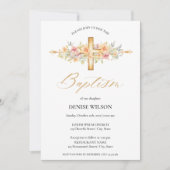 Elegantes Blumengoldkreuz Christening Taufen Einladung (Vorderseite)