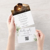 Elegantes Blumengrün QR Code Wedding Foto All In One Einladung (Abreißen)